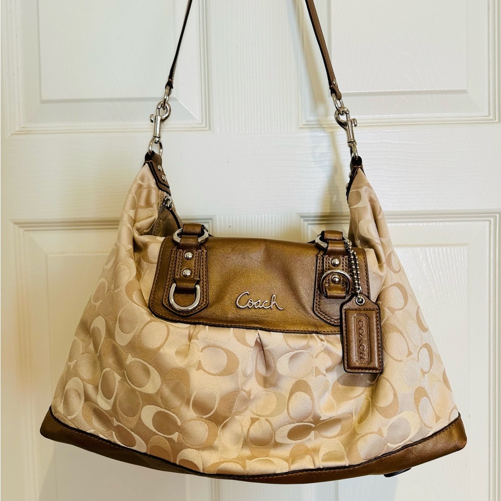 Coach Ashley Signature Sateen Satchel Bag Cream Bronze Brown Leather